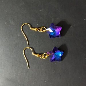 Gold Tone Purple Crystal Star Shape Statement Earrings